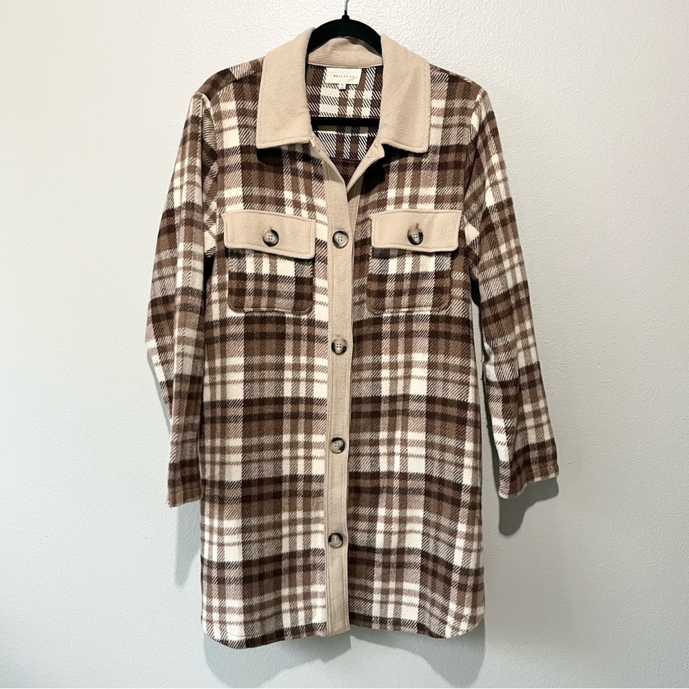 MELLODAY- Neutral Plaid Flannel Long Coat Size M